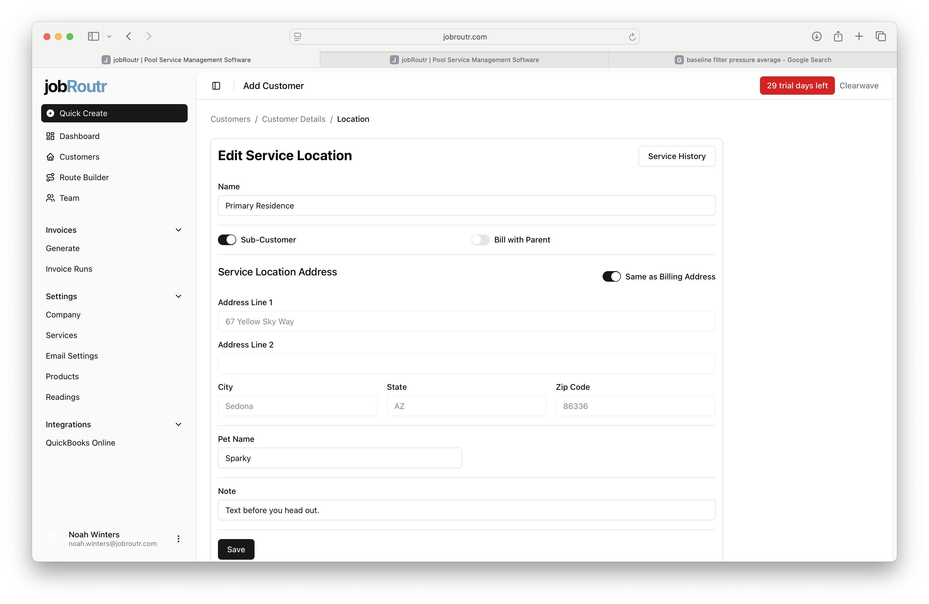 Edit Service Location Details